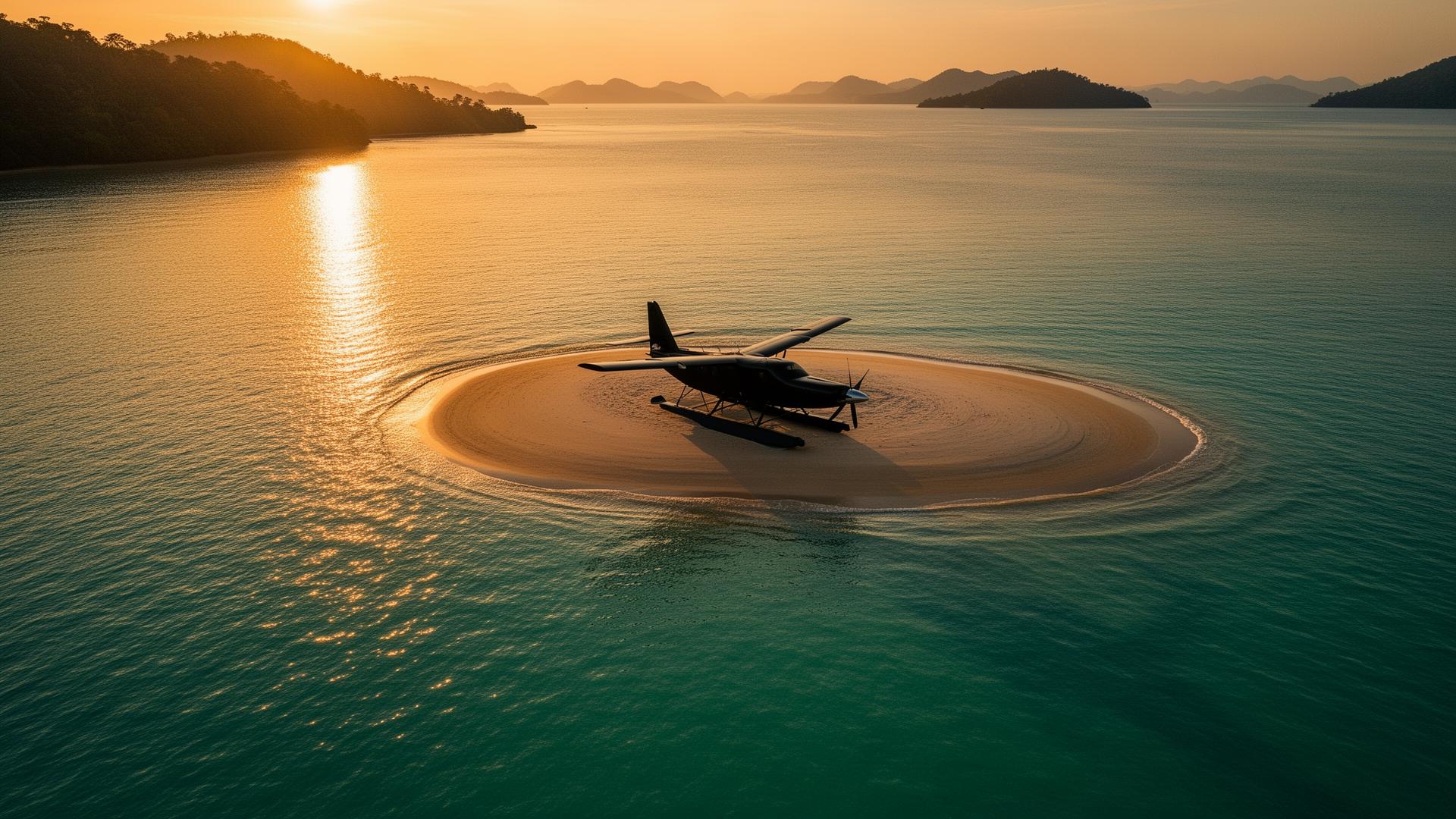 Single-engine seaplane on its floats next to a white motor yacht in turquoise water with limestone karst islands in the background