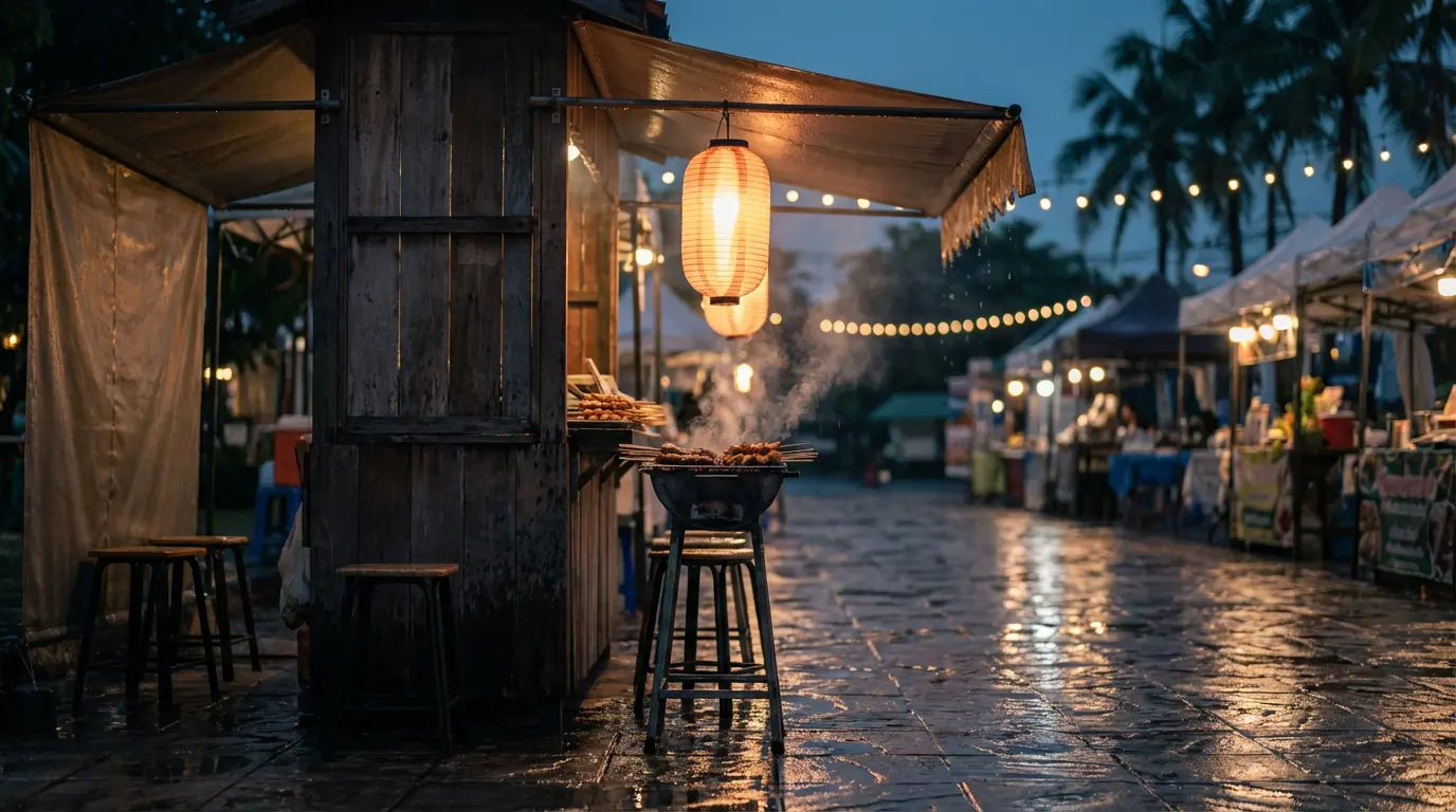 A near-empty Hua Hin night-market grill at dusk with rain-glossed pavement and a single warm lantern