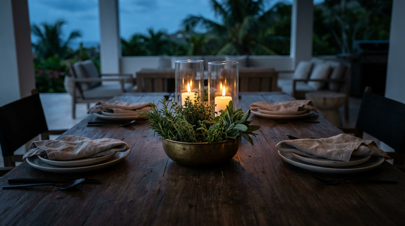 Quiet villa dining terrace at dusk set for six with simple linen, a low brass bowl of green herbs and hurricane lamps