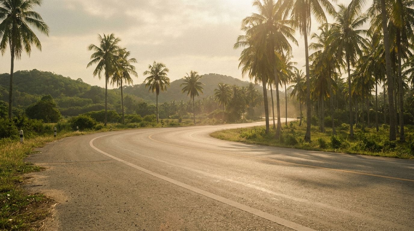 An empty coastal road south of Bangkok at golden hour with palm shadows and a single car in the distance