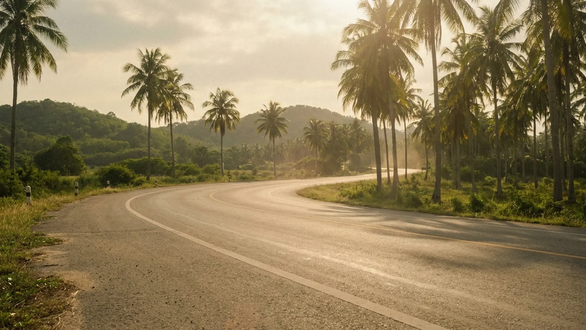 An empty coastal road south of Bangkok at golden hour with palm shadows and a single car in the distance