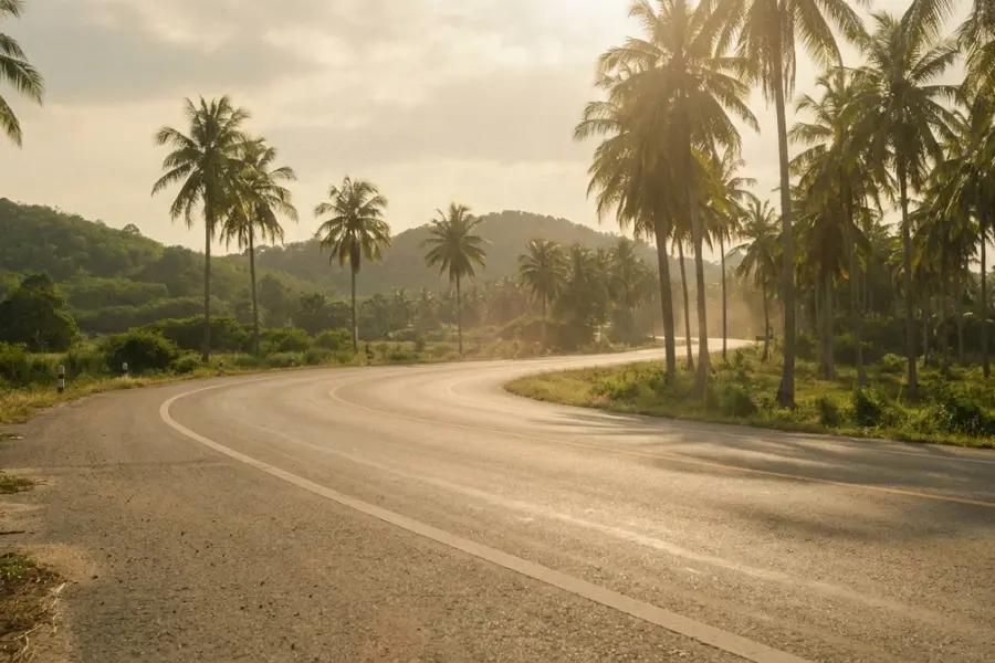 An empty coastal road south of Bangkok at golden hour with palm shadows and a single car in the distance