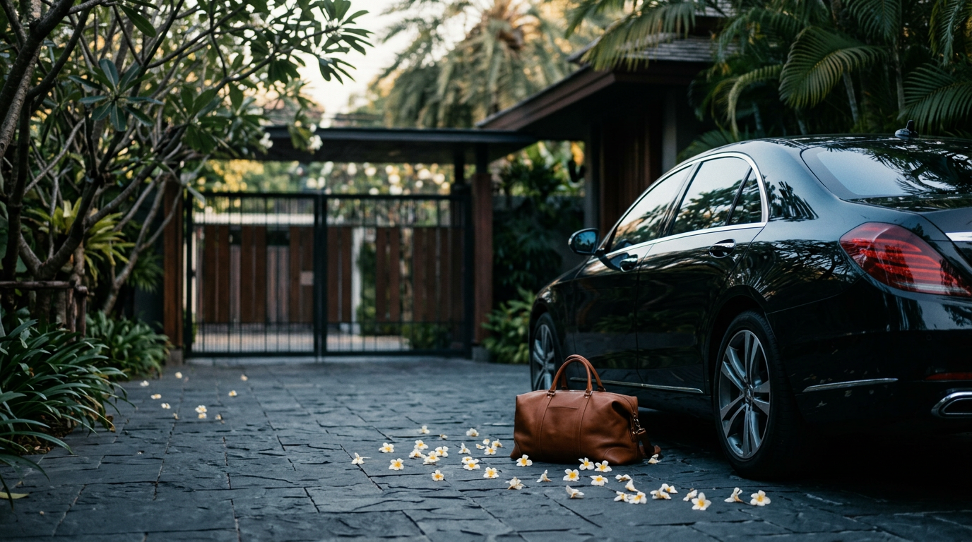 Black sedan parked on a private villa driveway at first light with a single soft-leather weekend bag and scattered frangipani petals on dark stone