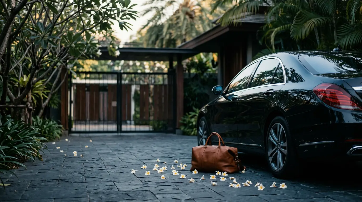 Black sedan parked on a private villa driveway at first light with a single soft-leather weekend bag and scattered frangipani petals on dark stone