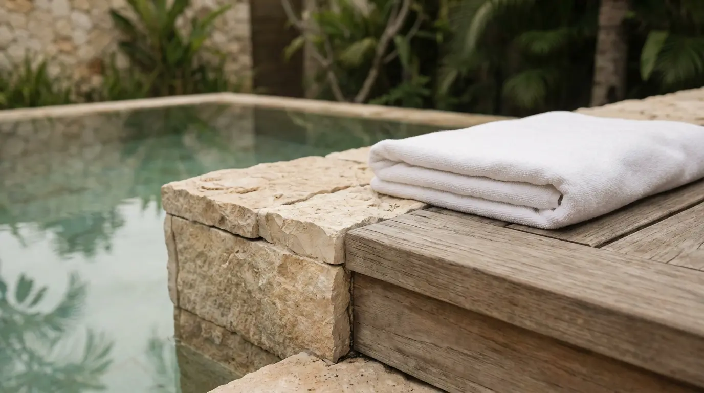 Close detail of hand-cut limestone pool coping with a folded white linen towel on a teak ledge at midday