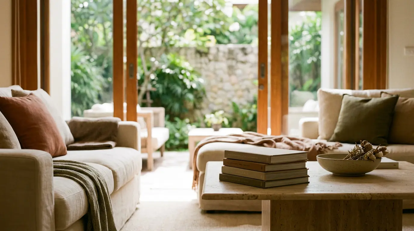 A villa living room at midday with linen sofas and an unread stack of hardbacks on a travertine table
