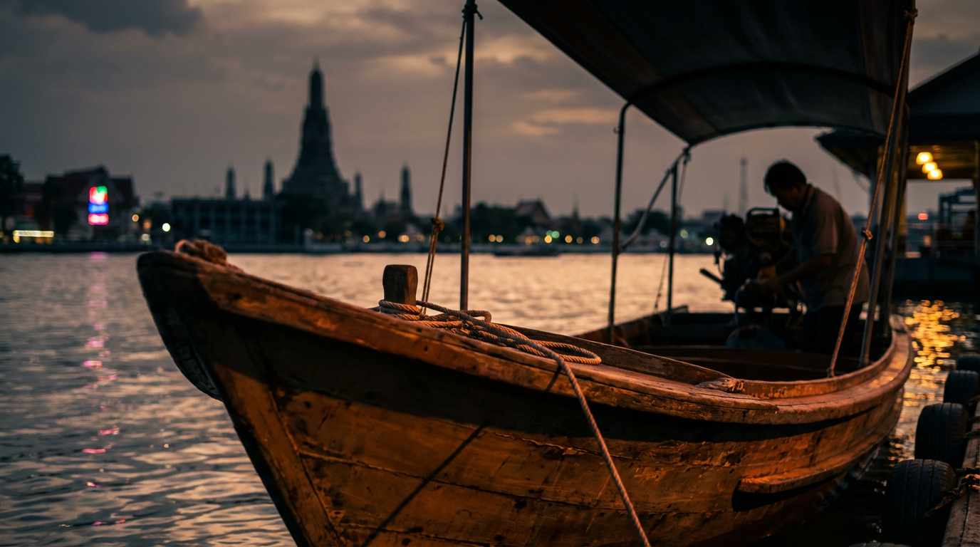Long-tail boat moored on the Chao Phraya at golden hour with the silhouette of a wat in the distance