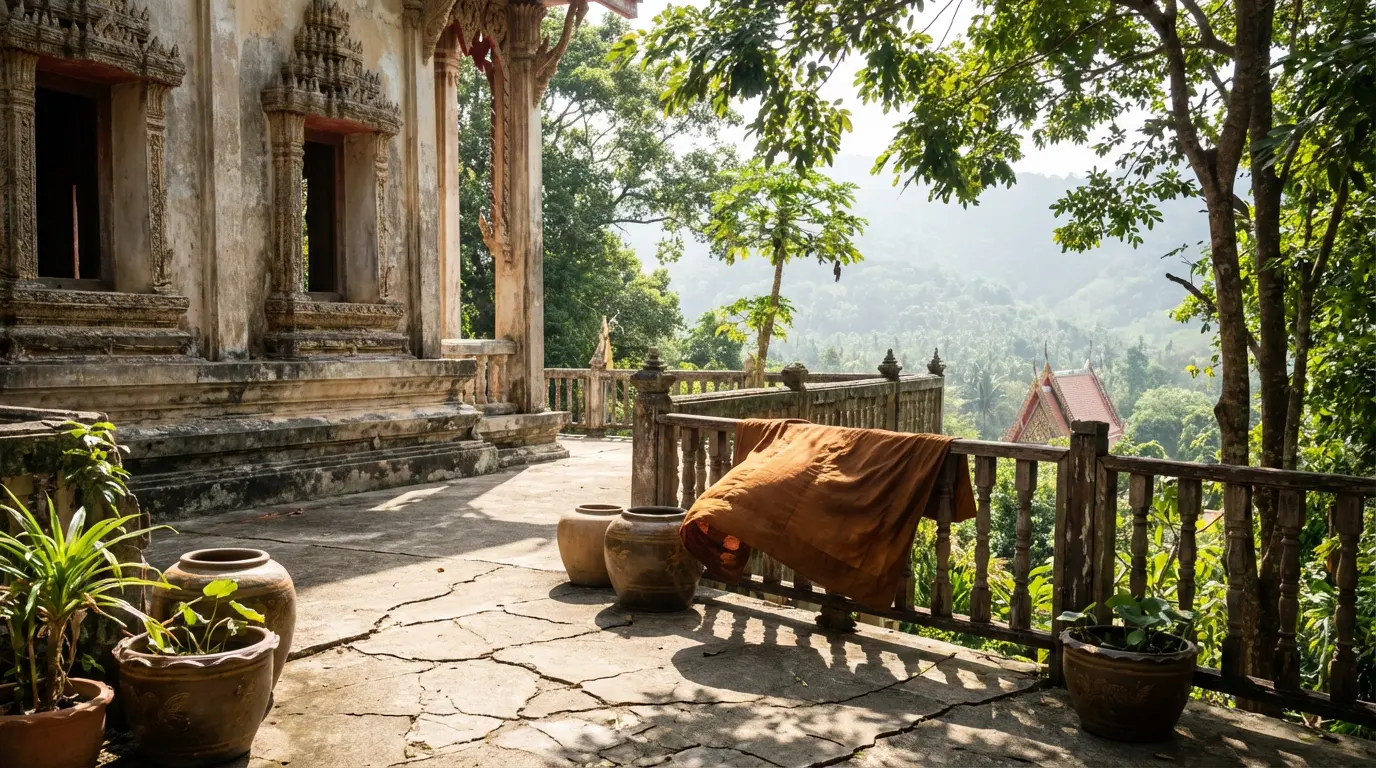 A weathered Samui hilltop temple courtyard at midday, a single saffron robe drying on a line
