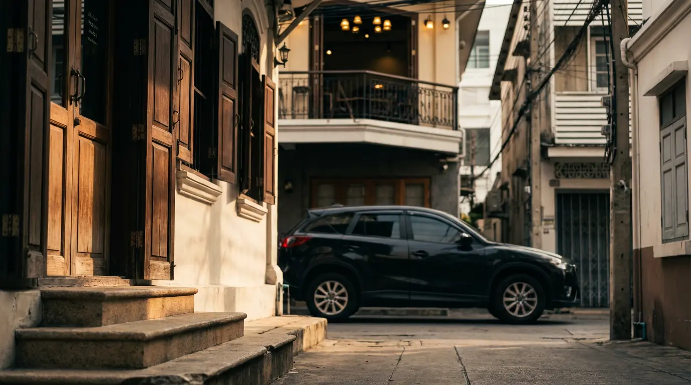 Quiet Sathorn shophouse street at midday with restored teak shutters and a single black SUV parked discreetly