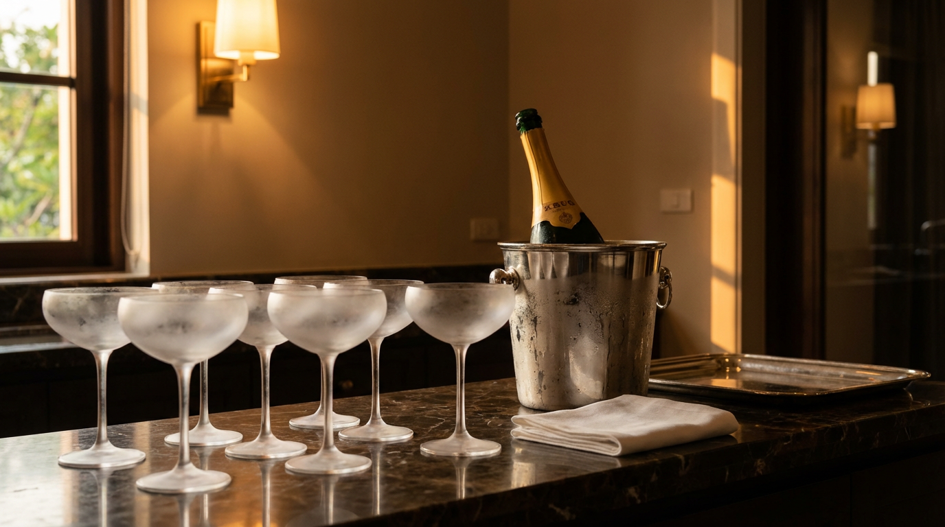 Villa butler's pantry with chilled coupes lined on marble, an open Krug on ice, and a folded white napkin