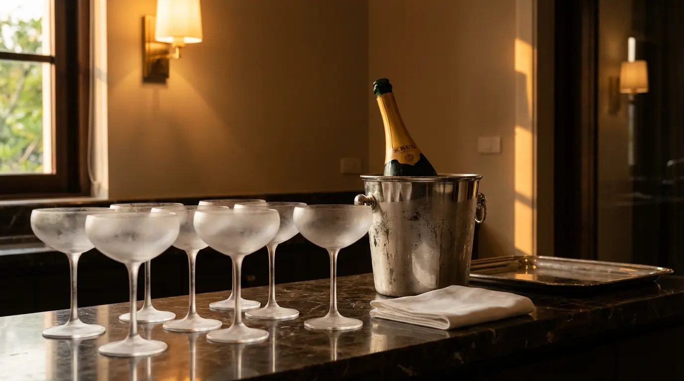 Villa butler's pantry with chilled coupes lined on marble, an open Krug on ice, and a folded white napkin