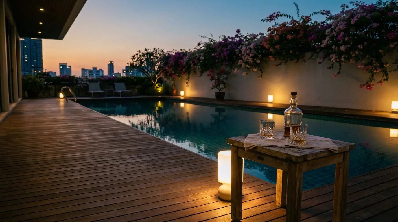 An empty Bangkok villa pool deck at evening with a single linen-covered table and two glasses left from earlier