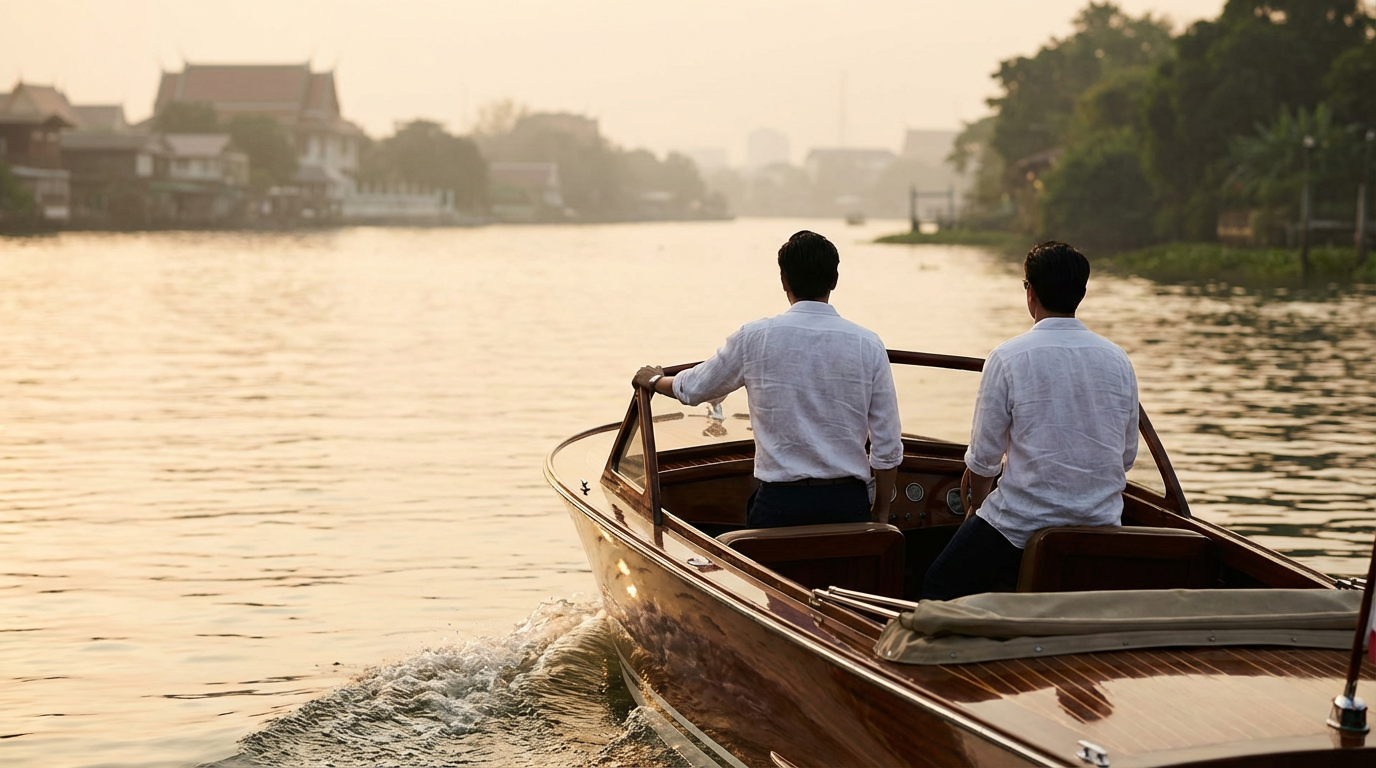 Private speedboat at dawn on the Chao Phraya with two passengers in linen with their backs to the camera