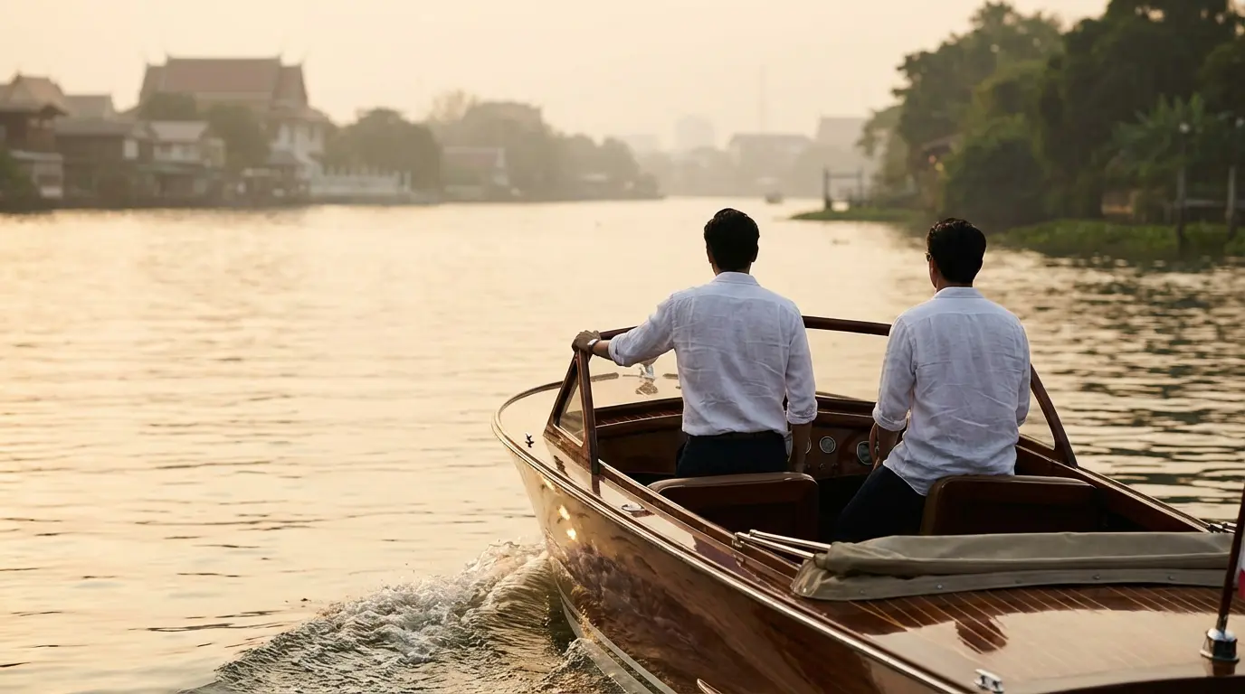 Private speedboat at dawn on the Chao Phraya with two passengers in linen with their backs to the camera