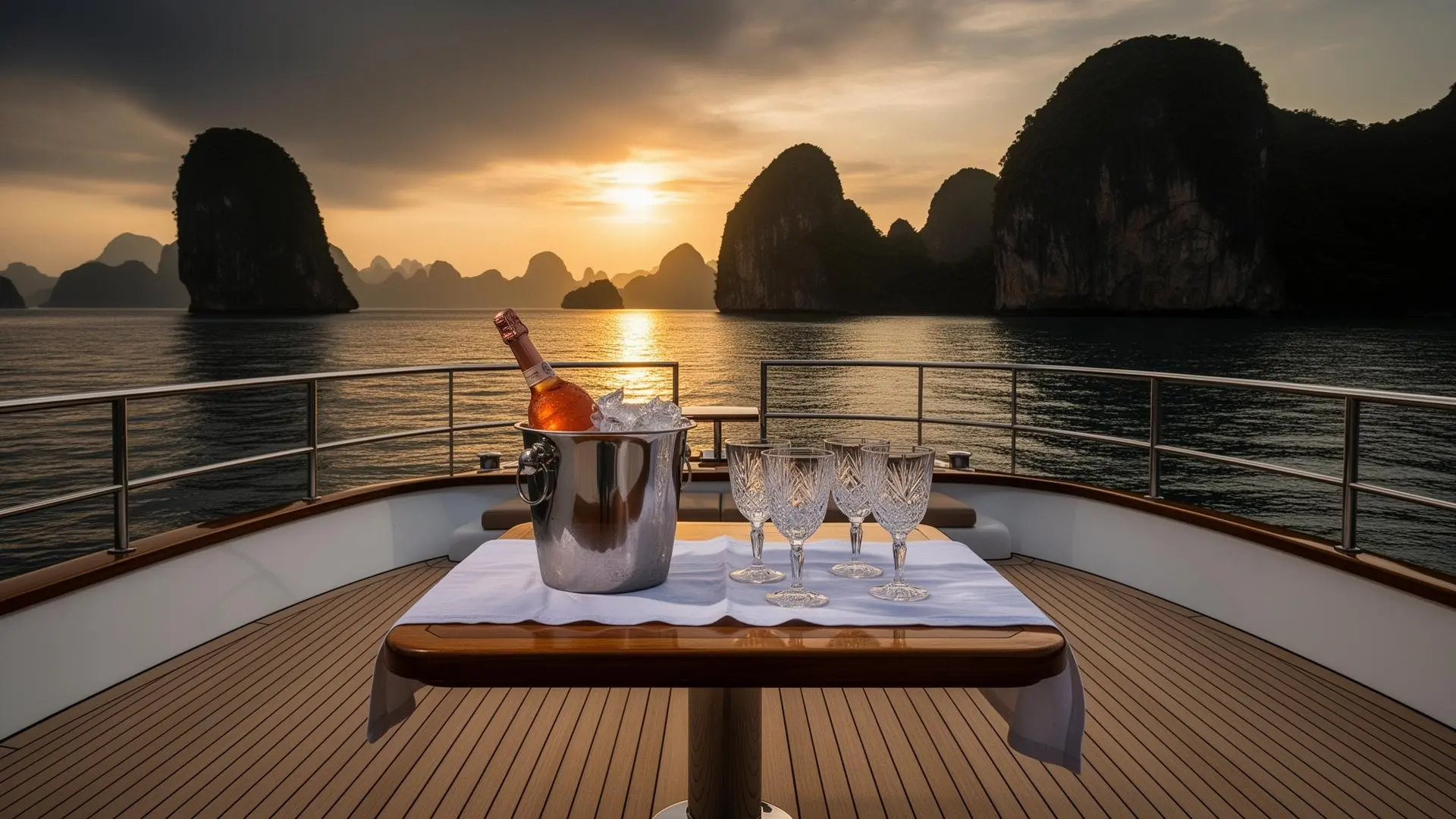 Yacht aft deck at sunset with two long-stem wine glasses on a teak table and Phang Nga karst islands in the distance