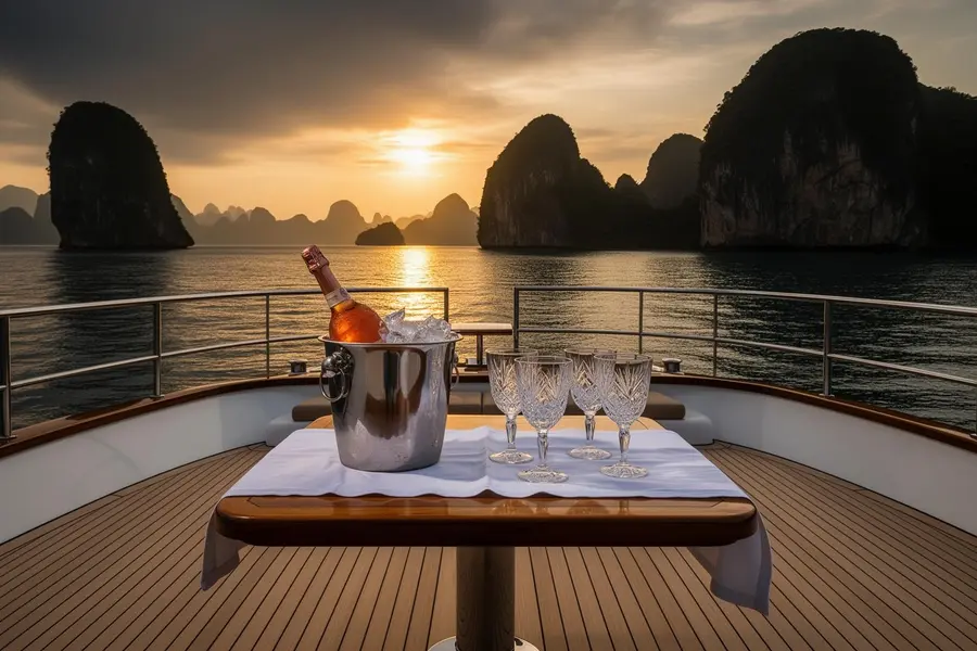 Yacht aft deck at sunset with two long-stem wine glasses on a teak table and Phang Nga karst islands in the distance