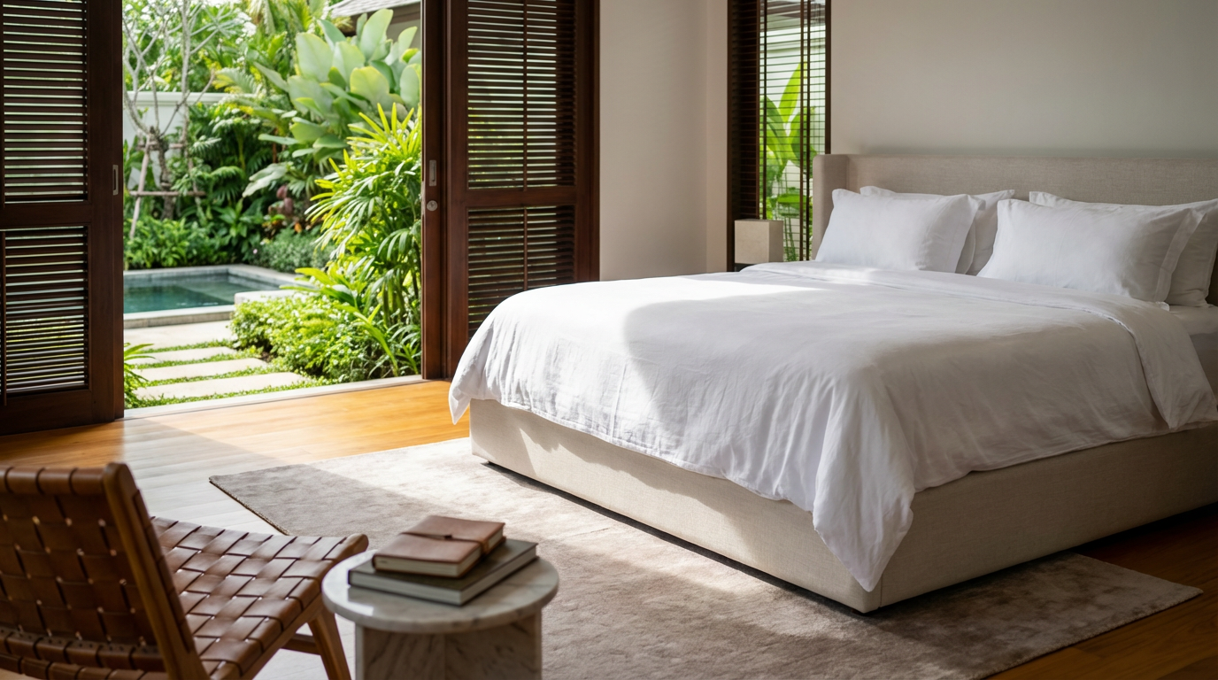 A Phuket villa bedroom with crisp white linens, teak floors and louvred doors open to a private garden