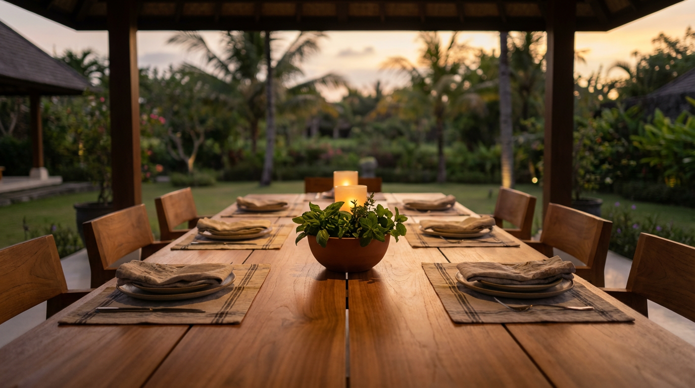 Empty teak dining pavilion with a long lunch table set for eight, simple linen and a single green herb arrangement