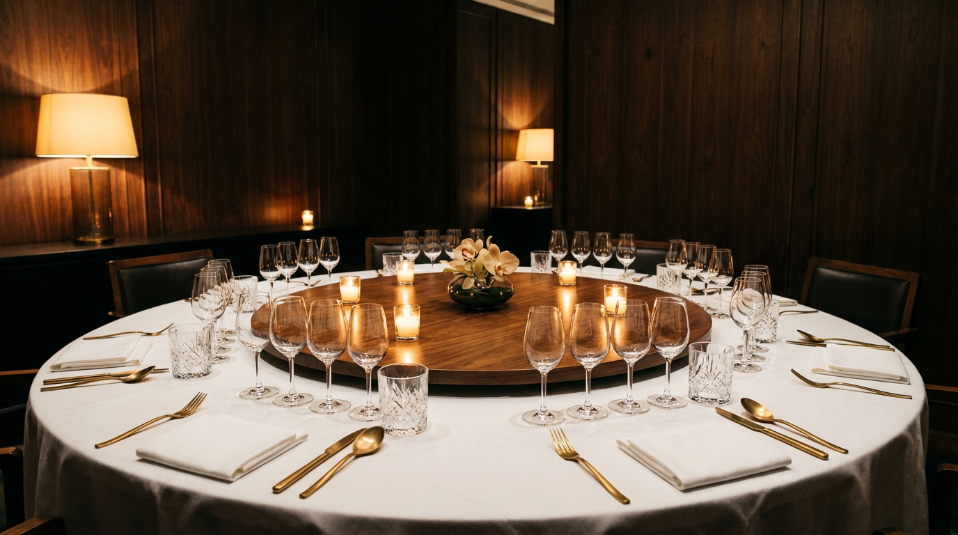 A discreet private dining room in Bangkok set for eight at the start of an evening, low candlelight on a round walnut table