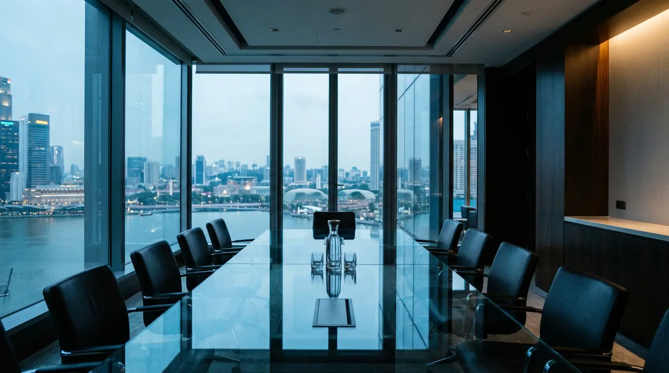 A polished Singapore CBD boardroom on a high floor at dusk with floor-to-ceiling windows onto Marina Bay