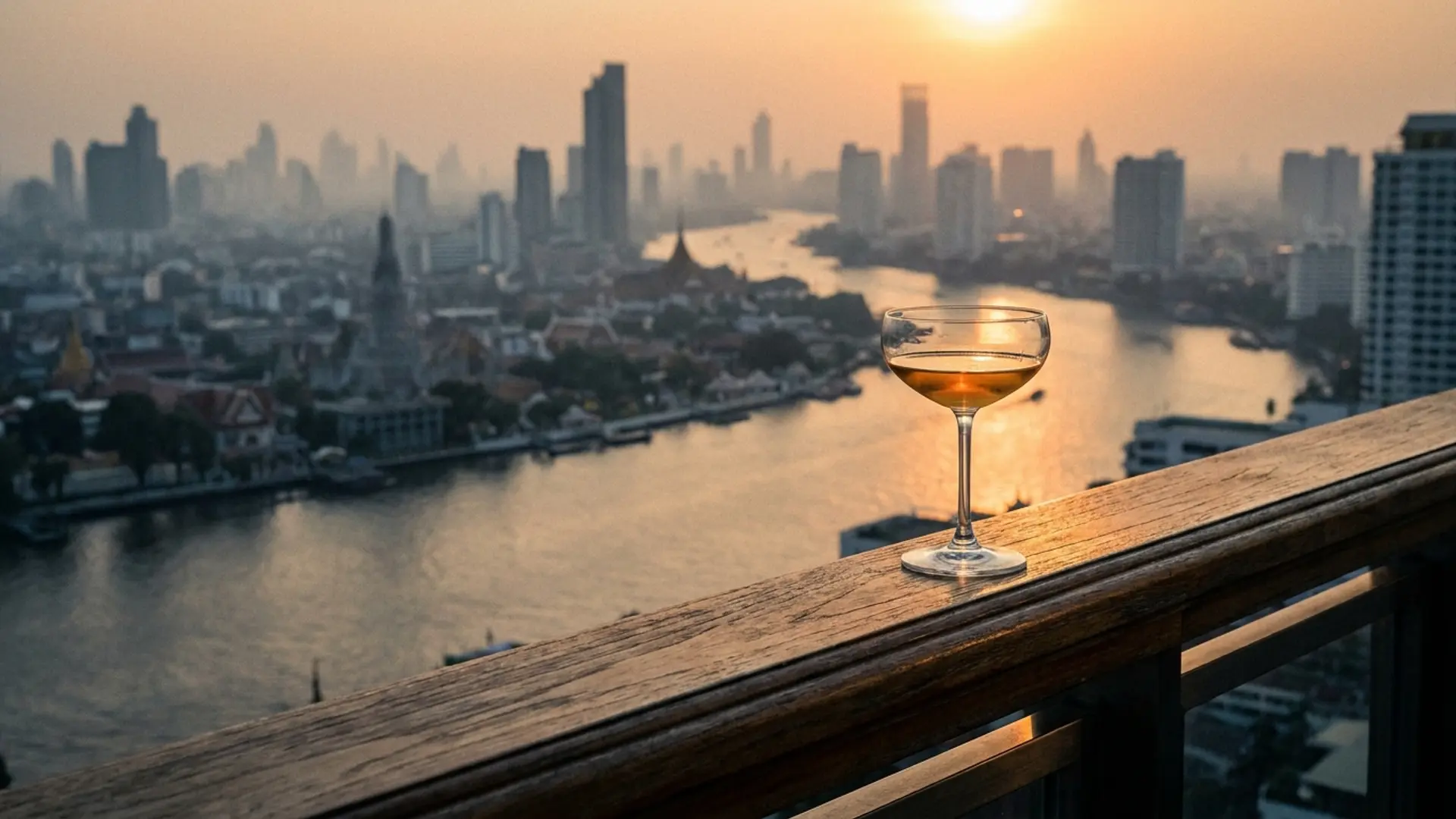 Bangkok rooftop view at dusk with a long temple spire silhouetted against the warm sky and the river curving below