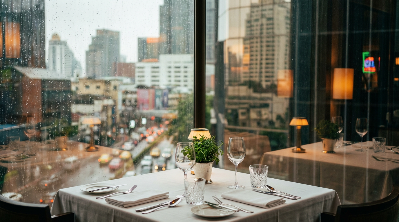 Corner table by a tall window in a quiet Bangkok restaurant at noon with two settings and the city soft beyond the glass