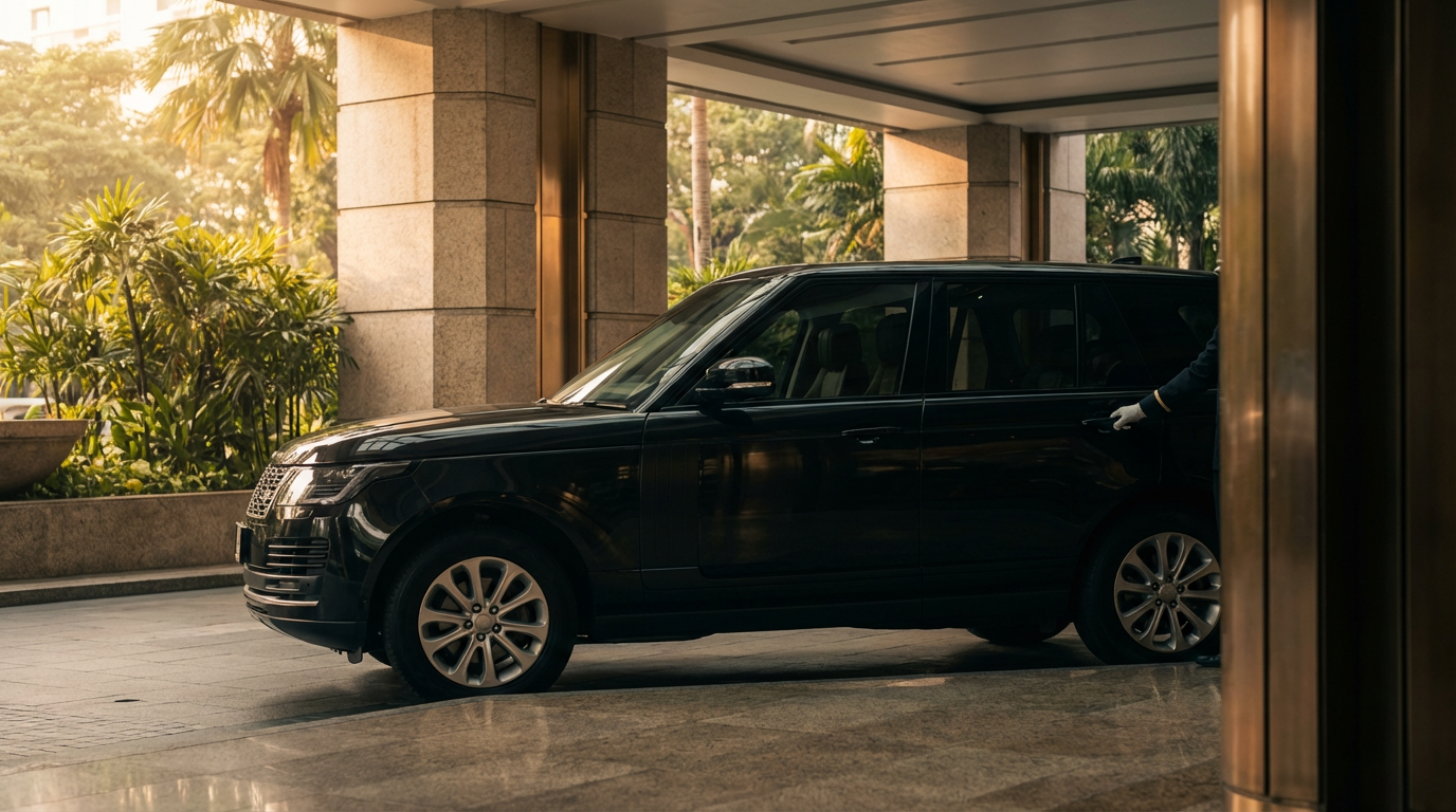 Single black SUV at a quiet hotel porte-cochere at 7am Saturday with a doorman closing the rear door