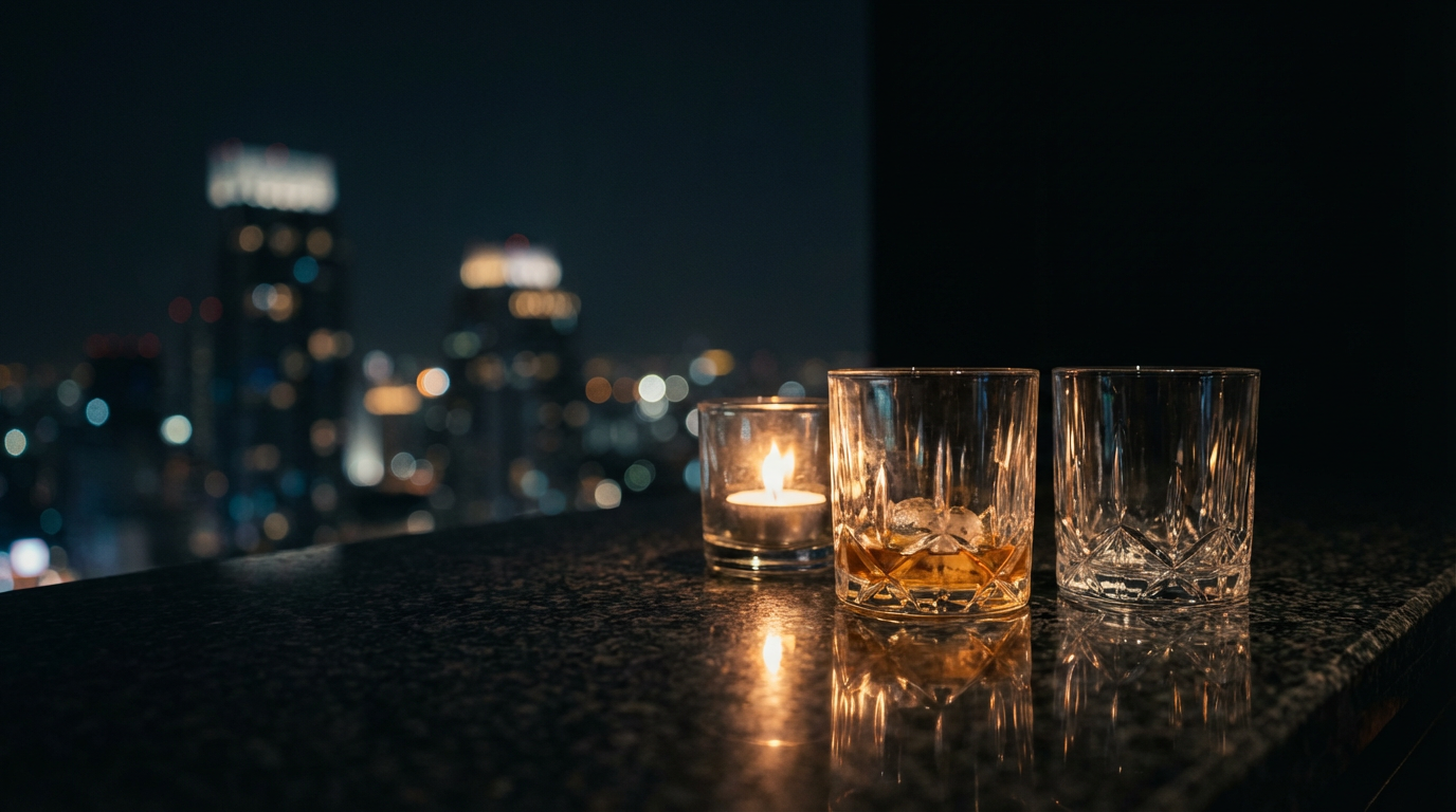 Empty Bangkok rooftop bar after midnight with two whisky glasses left on a polished stone bar above the soft city skyline