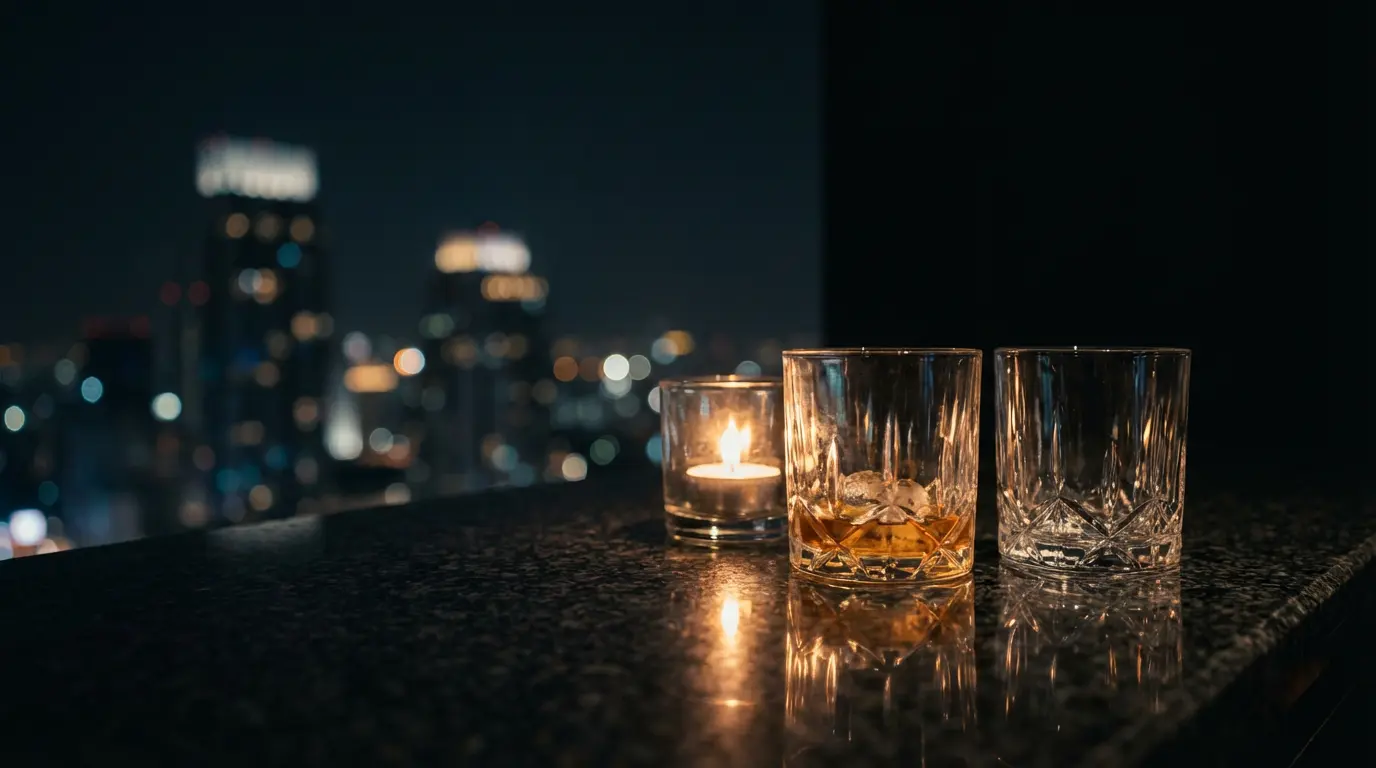 Empty Bangkok rooftop bar after midnight with two whisky glasses left on a polished stone bar above the soft city skyline
