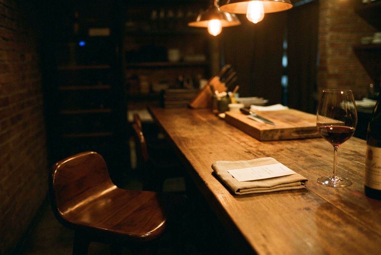 An empty corner banquette in a candlelit Bangkok private dining room, single reserved card on starched white linen