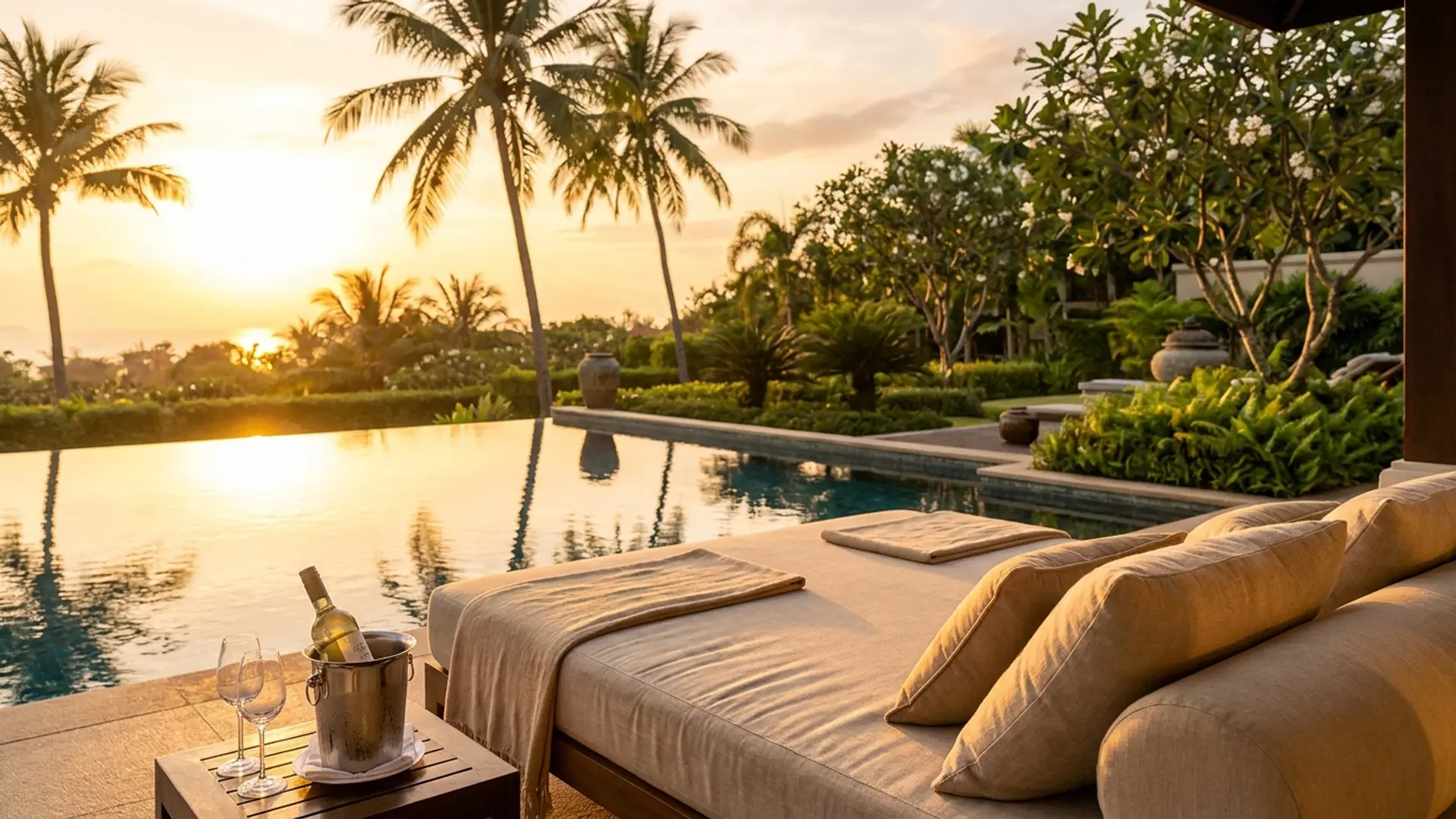 A still villa pool at first light with one folded linen robe on a teak lounger and a low coffee tray on a side table, no people