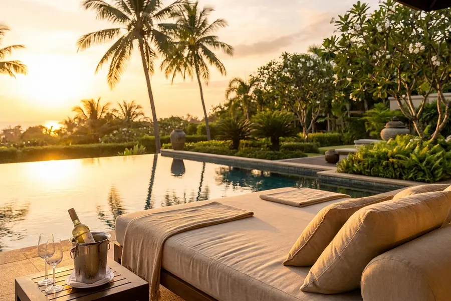 A still villa pool at first light with one folded linen robe on a teak lounger and a low coffee tray on a side table, no people