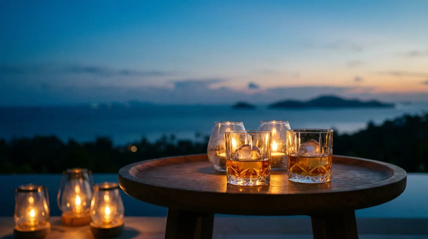 A Samui hilltop terrace at dusk with two whisky glasses and lanterns, the gulf horizon behind