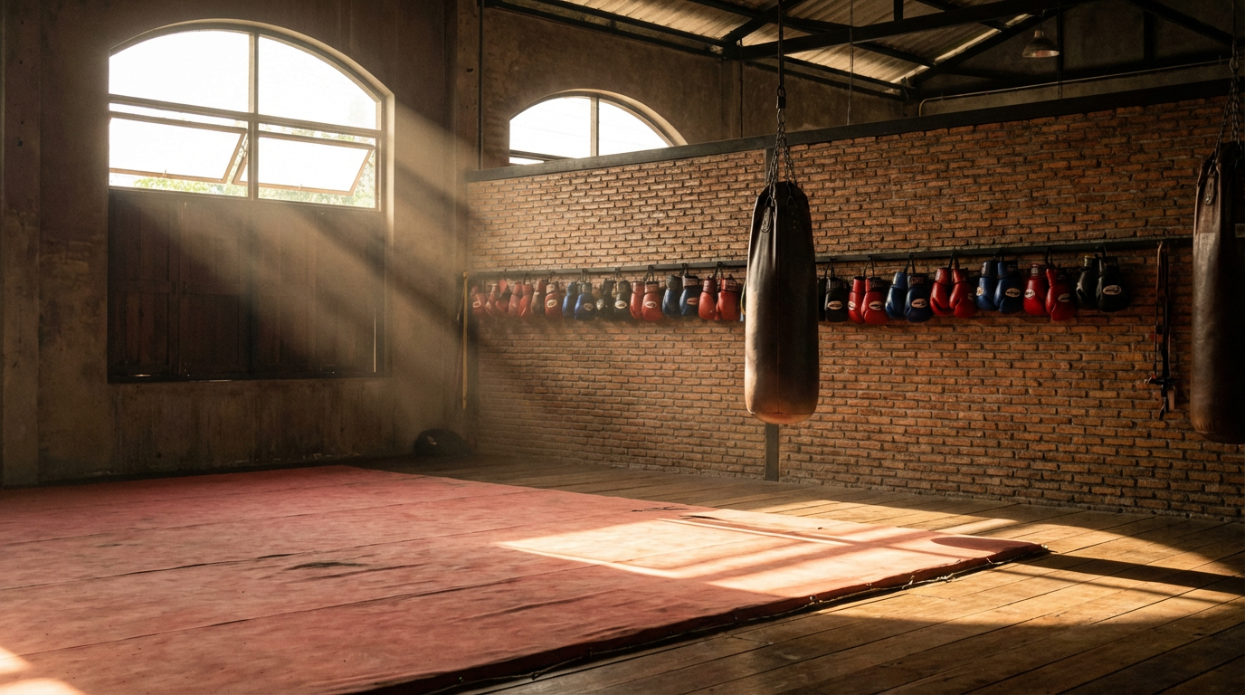 Quiet Muay Thai gym mid-afternoon with sun on the canvas, gloves hung in a row and a single heavy bag