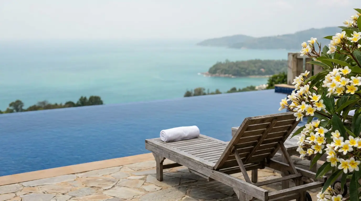 Hillside Kamala villa pool at midday with a deep blue infinity edge meeting the Andaman Sea and a single teak lounger
