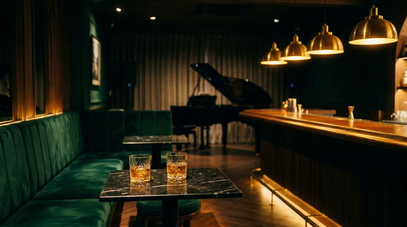 A dimly lit Bangkok cocktail bar after midnight with low brass pendants over an empty marble bar and a row of crystal glasses