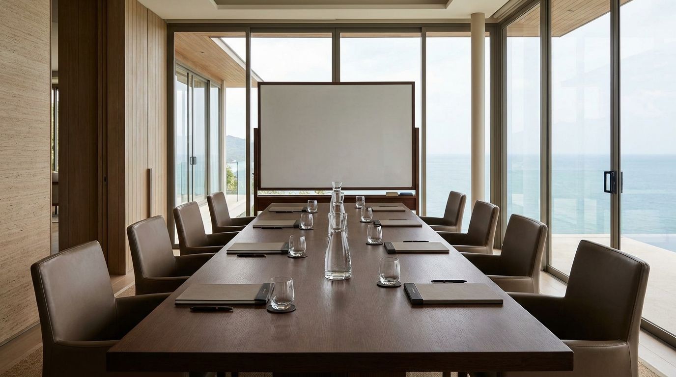 A private villa boardroom — long walnut table, eight Aeron chairs, a wall of glass overlooking a tropical garden