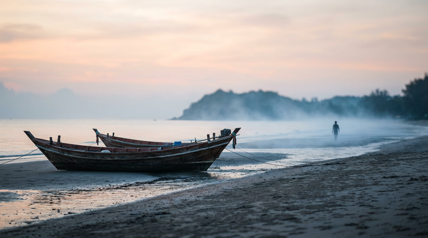 Quiet morning beach at the local end of Hua Hin with two empty longtail boats pulled up on damp sand and soft mist
