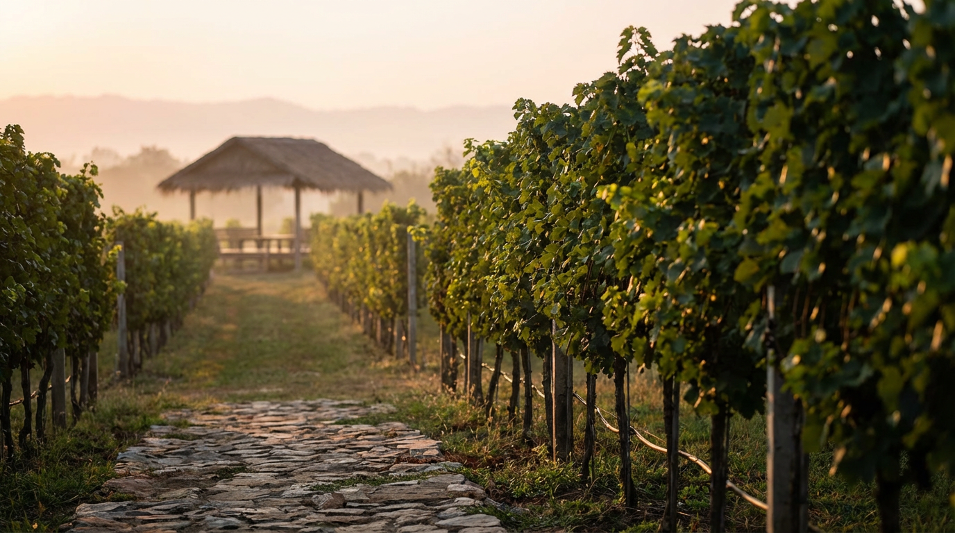 Long row of vines at a Hua Hin hillside vineyard with a small lunch pavilion in soft focus at the end of the path