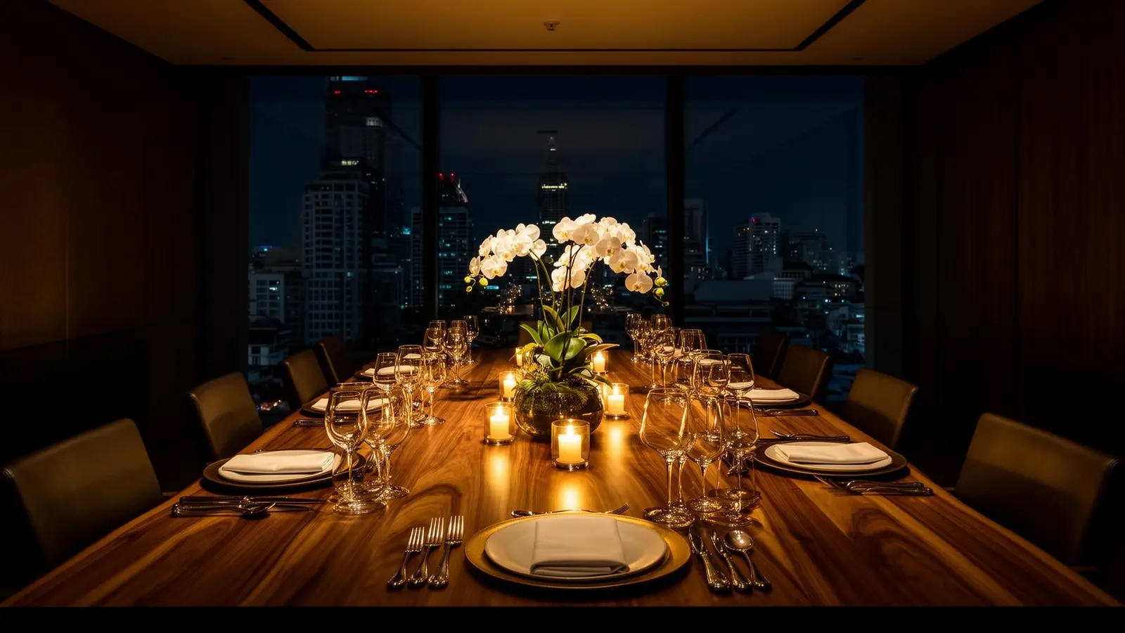 Private dining room with a long marble table set for eight, brass pendant lights, and floor-to-ceiling glass overlooking the Bangkok skyline