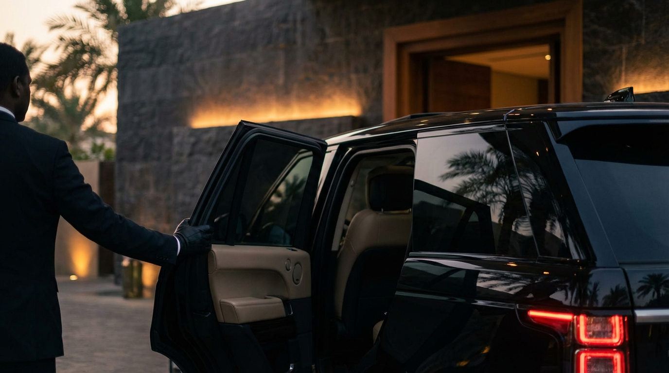 Black SUV waiting outside a discreet Bangkok venue at night with a doorman holding the rear door open
