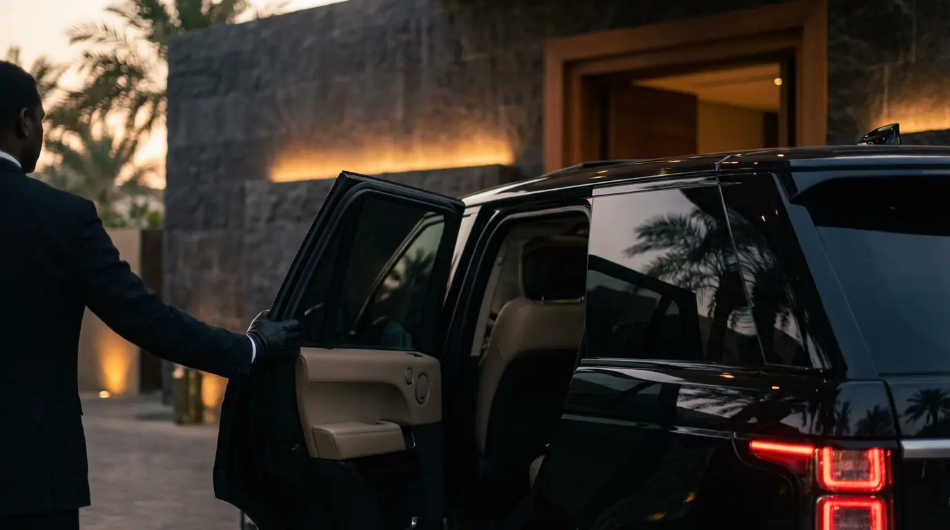 Black SUV waiting outside a discreet Bangkok venue at night with a doorman holding the rear door open
