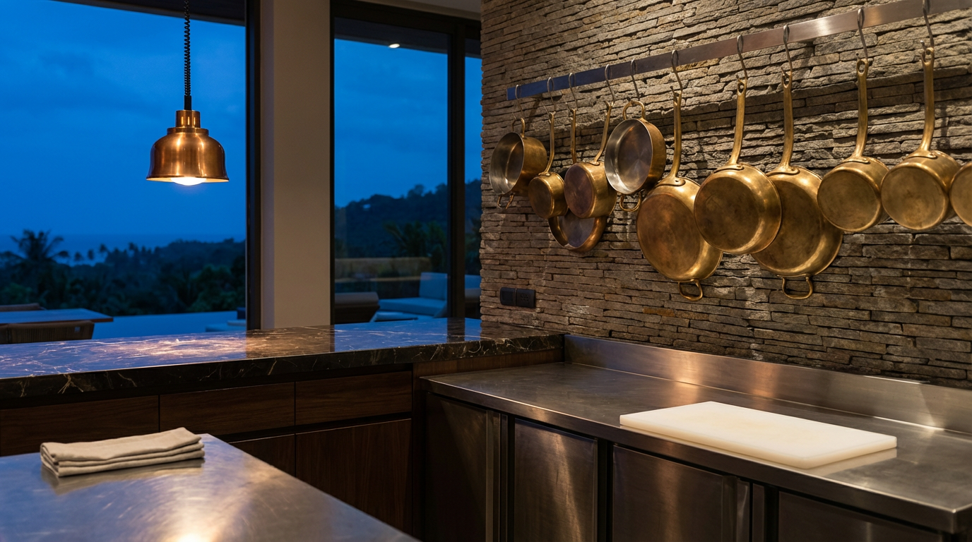 A Phuket villa staff kitchen at dusk, clean prep stations and brass pots, single warm pendant overhead