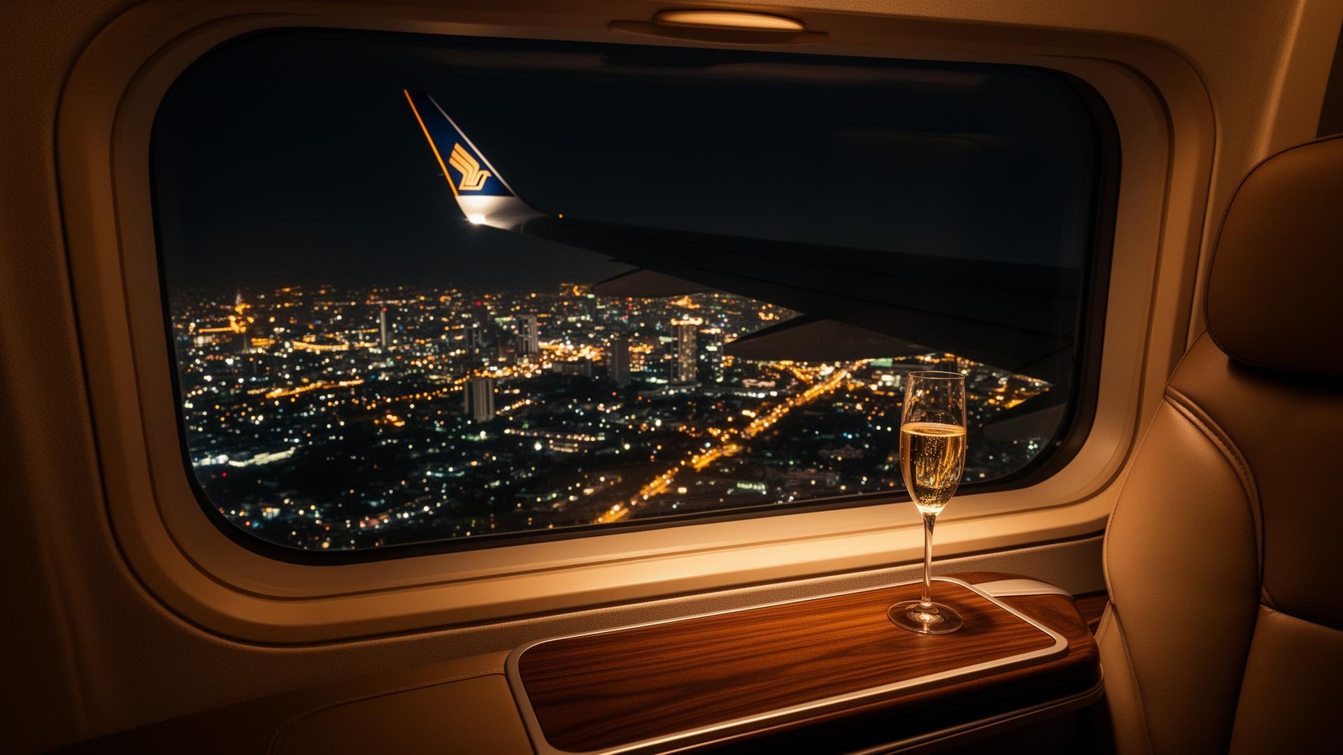 First-class cabin window over the Andaman at sunset