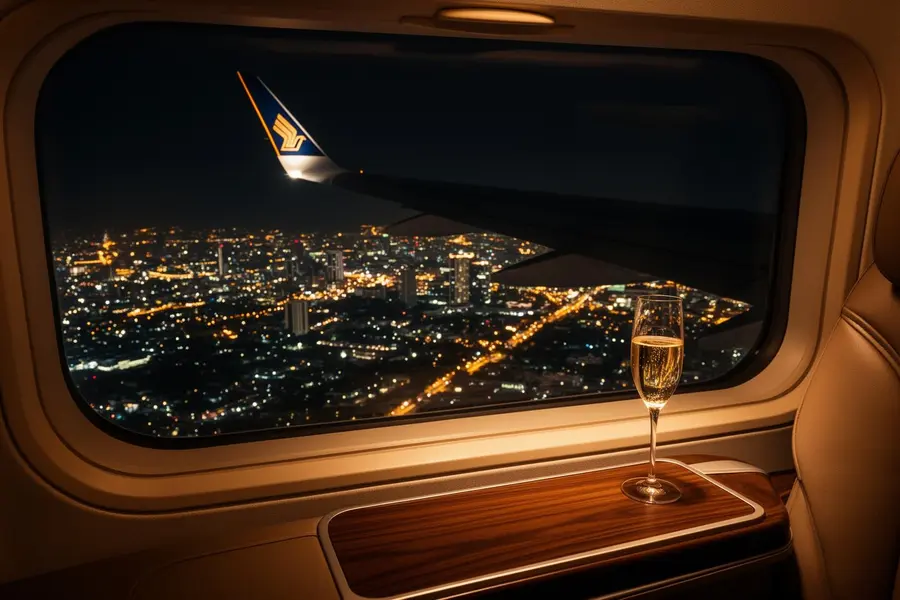 First-class cabin window over the Andaman at sunset