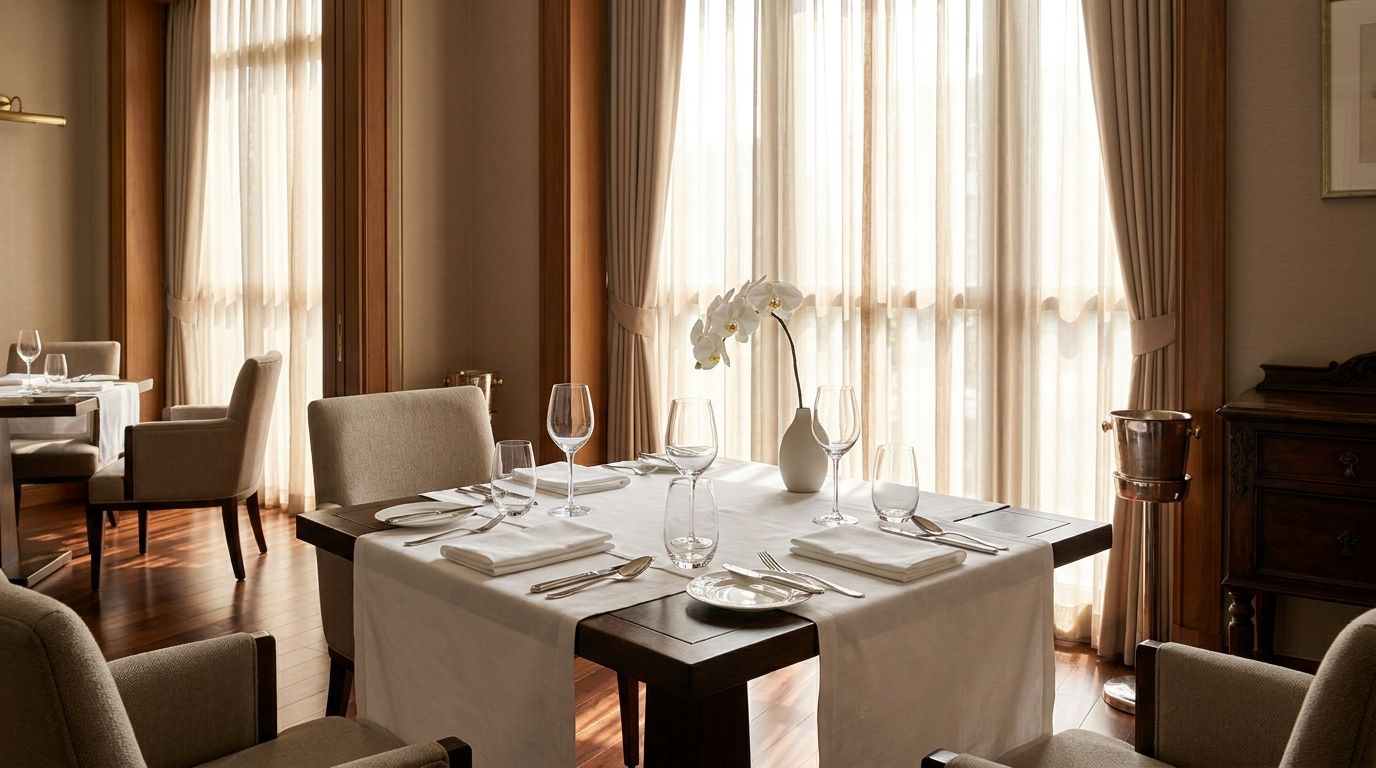 A polished private dining room in central Bangkok at midday with a single round table set for four and soft daylight from a tall window
