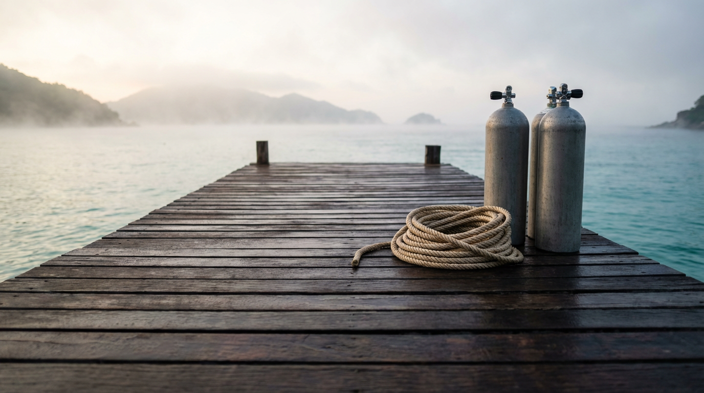 Empty Koh Tao dive pier at early morning with wet planks, a coiled rope and two upright tanks at the end