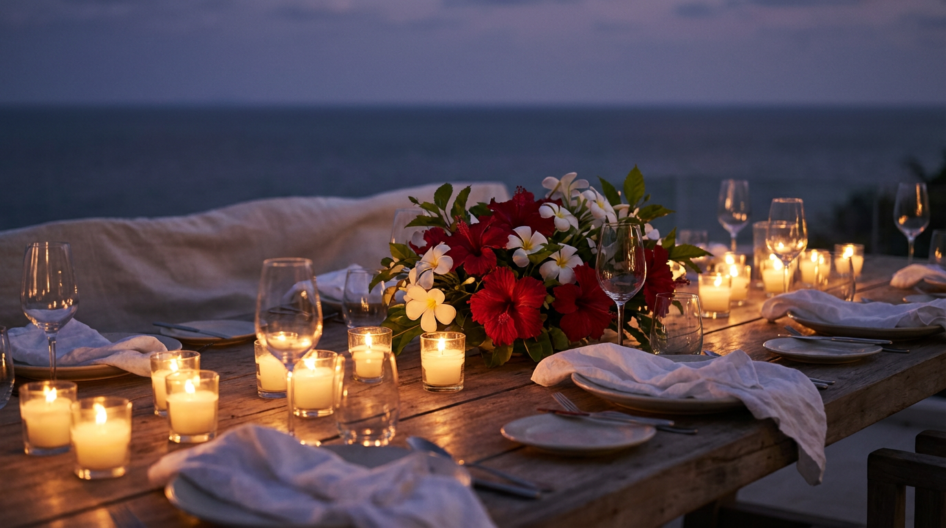 A long oak villa dinner table for ten lit by low candles, hibiscus centrepiece, sea breeze in the linen