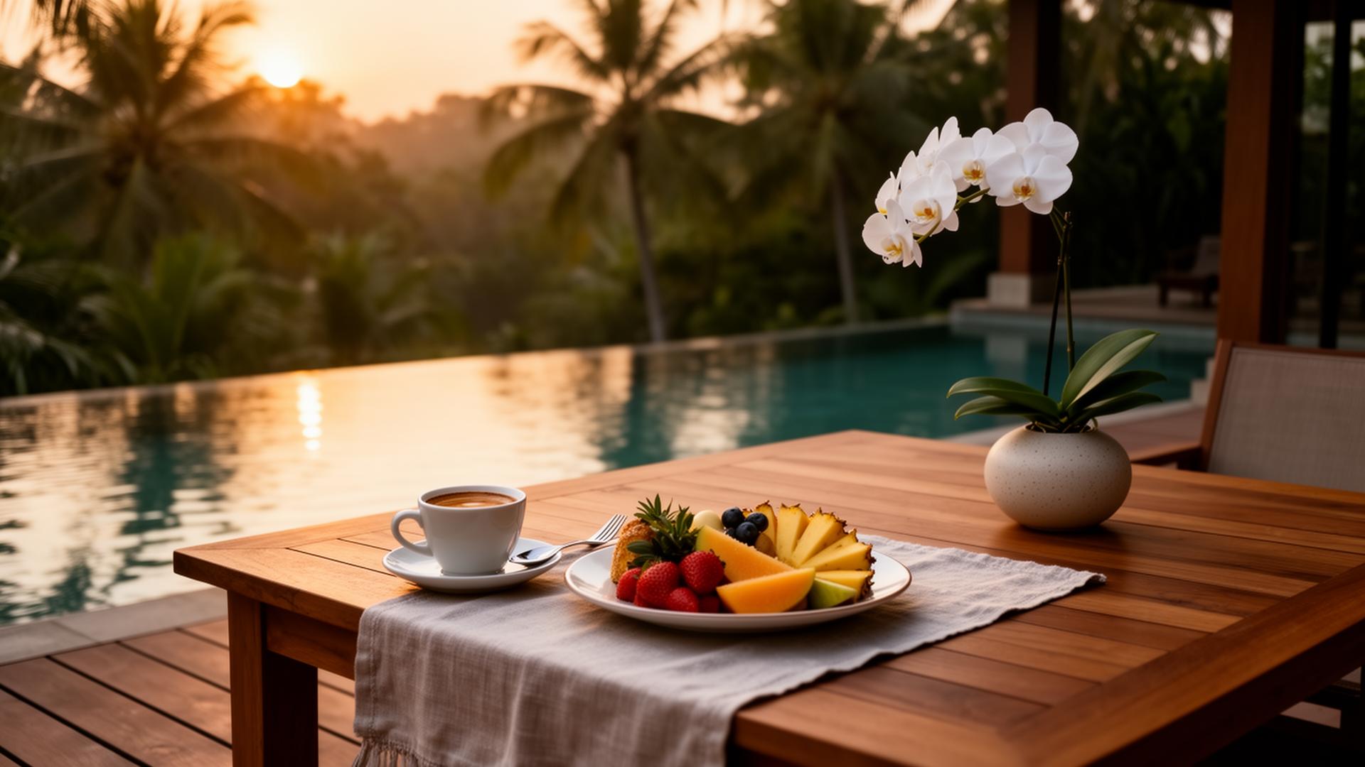 Breakfast spread on a private terrace with the Bangkok skyline in morning light