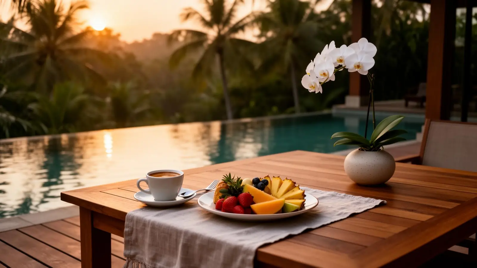 Breakfast spread on a private terrace with the Bangkok skyline in morning light